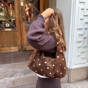 Elegant Brown Studded Shoulder Bag Inspired Bottega Veneta Bag- Made in Italy